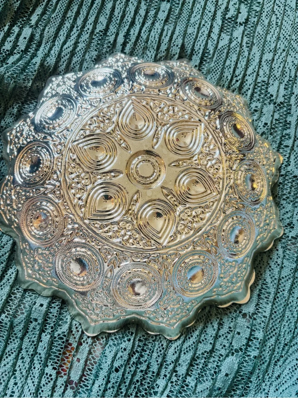 Mandala Style Glass celebration Bowl Boho ocean blue seafoam & Gold